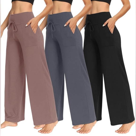 NWT 3 Pack Wide Leg Pants, Casual Loose Yoga Trouser Pants - Picture 1 of 5